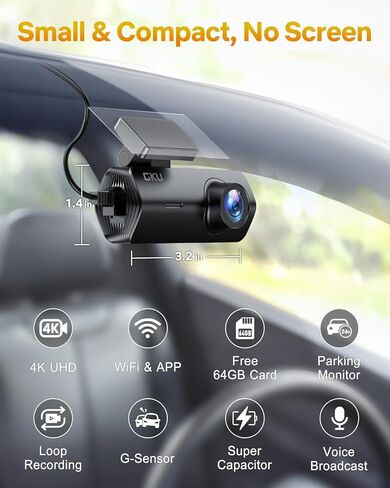 GKU 4K DASH CAM ، مقدمة كام داش مع UHD 2160P ، WIFI DASHCAM المدمج في واي فاي ، شاشة وقوف السيارات 24H ، الرؤية الليلية ، WDR ، زاوية واسعة 170 درجة ، تسجيل حلقة ، مستشعر G ، DashCam يتضمن بطاقة 64 جيجابايت (أسود) in Kuwait