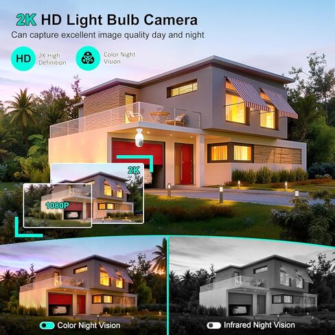 كاميرا أمان بمصباح كهربائي 52 هرتز 2K، كاميرات أمان بمصباح إضاءة واي فاي 2.4 جيجا هرتز لاسلكية في الهواء الطلق في الأماكن المغلقة، محادثة ثنائية الاتجاه، اكتشاف الإنسان، رؤية ليلية ملونة، كاميرا أمان بمقبس إضاءة تعمل مع Alexa in Kuwait