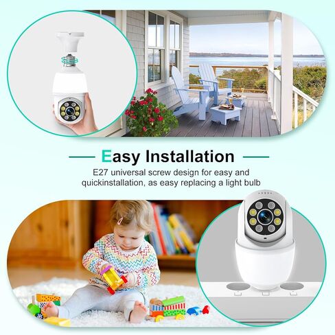 كاميرا أمان بمصباح كهربائي 52 هرتز 2K، كاميرات أمان بمصباح إضاءة واي فاي 2.4 جيجا هرتز لاسلكية في الهواء الطلق في الأماكن المغلقة، محادثة ثنائية الاتجاه، اكتشاف الإنسان، رؤية ليلية ملونة، كاميرا أمان بمقبس إضاءة تعمل مع Alexa in Kuwait