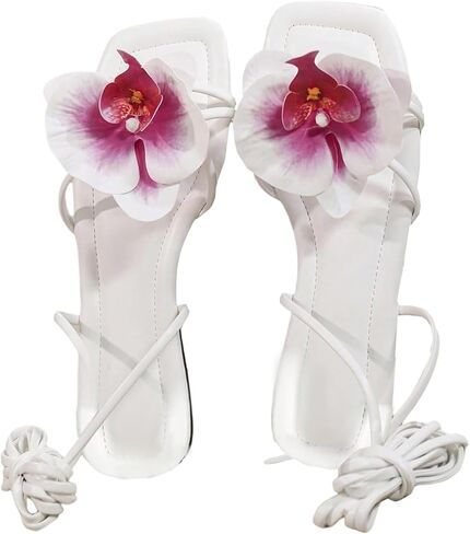 GORGLITTER Women's Summer Strappy Beach Flat Sandals Vacation Flower Lace Up Gladiator Close Toe Slip On Slide Sandals in Saudi Arabia
