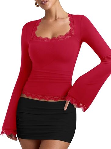 REORIA Womens 2025 Fall Fashion Square Neck Lace Long Bell Sleeves Shirts Double Lined Casual Slim Fit Tops in Saudi Arabia