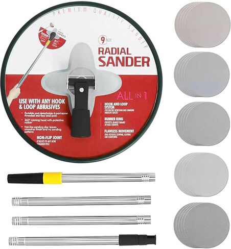 ماكينة صنفرة الحوائط الجافة مقاس 9 بوصات، ماكينة صنفرة ذات قطب دائري نصف قطري مع 25 قرص سنفرة، عمود تمديد + 25 قطعة من أوراق الصنفرة، خمسة نماذج من الحبيبات 80,100,120,180,240 لصنفرة الجدران ومصقولة (أحمر) in Kuwait