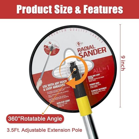 ماكينة صنفرة الحوائط الجافة مقاس 9 بوصات، ماكينة صنفرة ذات قطب دائري نصف قطري مع 25 قرص سنفرة، عمود تمديد + 25 قطعة من أوراق الصنفرة، خمسة نماذج من الحبيبات 80,100,120,180,240 لصنفرة الجدران ومصقولة (أحمر) in Kuwait