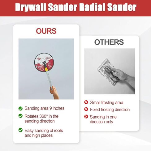 ماكينة صنفرة الحوائط الجافة مقاس 9 بوصات، ماكينة صنفرة ذات قطب دائري نصف قطري مع 25 قرص سنفرة، عمود تمديد + 25 قطعة من أوراق الصنفرة، خمسة نماذج من الحبيبات 80,100,120,180,240 لصنفرة الجدران ومصقولة (أحمر) in Kuwait