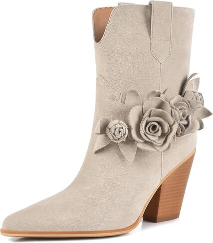 XINIUNIU Women's Flower Ankle Boots Pointed Toe Pull On 3.5 Inch Chunky Block Heel Suede Fashion Dress Comfortable Casual Booties in Saudi Arabia