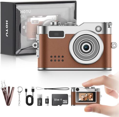 Mini Digital Camera, Keychain Camera 1080P HD with 2MP Lens, Flash, Video Recording, 32G Card Included, Portable and Compact Retro Vlog Camera for Travel, Kids, Brown in Kuwait