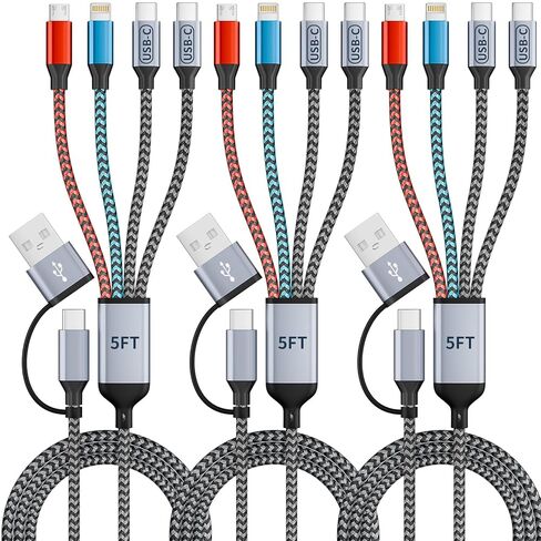 أساسيات السفر من النوع C 4 في كبل شحن واحد ، كابل شحن متعدد أجهزة متعددة ، شاحن الهاتف USB UNVIRSAL مع 2 منفذ USB-C/IP/MICRO لـ iPhone16/15/14 Series/Android/tablet/more in Kuwait