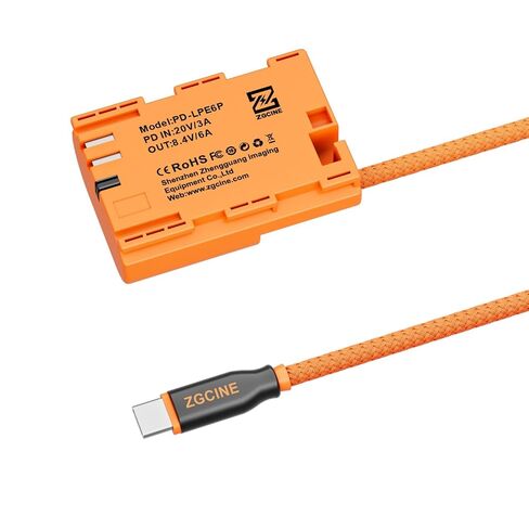 ZGCINE PD-LPE6P USB-C PD to LPE6P Dummy Battery Cable for Canon R5 II, R6, R5 C,5D Mark II-IV,7D,80D,90D,XC10/15 | 60cm Length, Braided Wire | No Pop-Up in Saudi Arabia