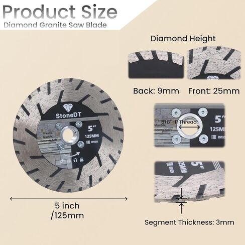 5 Inch Granite Cutting Blades Turbo Rim Diamond Cutting Disc, Saw Blades Two-in-One Design with 5/8"-11 Flange for Cutting or Grinding Granite Marble Concrete Brick in Kuwait
