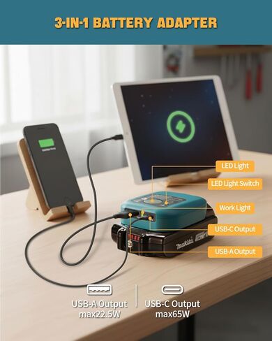 محول بطارية متوافق مع بطارية ماكيتا 14-18 فولت، محول مصدر طاقة البطارية مع منافذ USB-C وUSB-A لـ BL1830B BL1850B BL1850B BL1840B BL1820B، مصباح يدوي LED بقدرة 2 وات in Kuwait