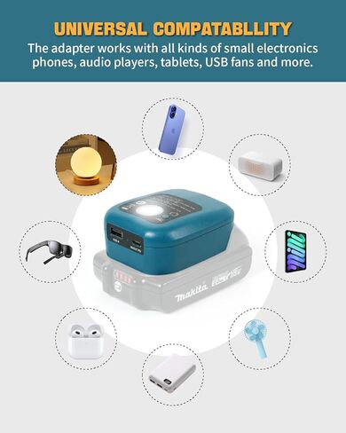 محول بطارية متوافق مع بطارية ماكيتا 14-18 فولت، محول مصدر طاقة البطارية مع منافذ USB-C وUSB-A لـ BL1830B BL1850B BL1850B BL1840B BL1820B، مصباح يدوي LED بقدرة 2 وات in Kuwait