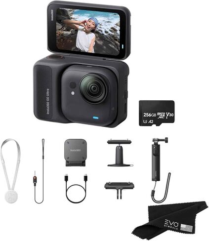 حزمة Insta360 GO Ultra القياسية باللون الأسود الداكن مع بطاقة سعة 256 جيجابايت - كاميرا 4K صغيرة الحجم بدون استخدام اليدين، خفيفة الوزن، متميزة في الإضاءة المنخفضة، يمكن تركيبها في أي مكان، تثبيت FlowState، عمر البطارية 200 دقيقة in Saudi Arabia