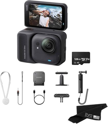 حزمة Insta360 GO Ultra القياسية باللون الأسود الداكن مع بطاقة سعة 256 جيجابايت - كاميرا 4K صغيرة الحجم بدون استخدام اليدين، خفيفة الوزن، متميزة في الإضاءة المنخفضة، يمكن تركيبها في أي مكان، تثبيت FlowState، عمر البطارية 200 دقيقة in Saudi Arabia