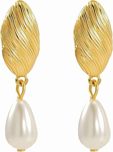 Gold Pearl Flower Statement Earrings for Women – 18K Gold Plated Chunky Floral Pearl Drop Dangle Earrings Elegant Sculptural Trendy Jewelry Gifts in Saudi Arabia