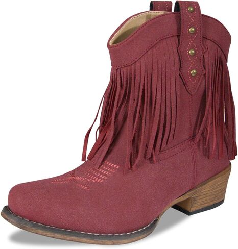 Cowboy Boots for Women Boho Suede Ankle Western Cowgirl Boots Mid Calf Pointed Toe Short Chunky Classic Fringe Booties in Saudi Arabia