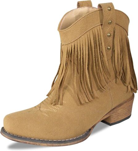 Cowboy Boots for Women Boho Suede Ankle Western Cowgirl Boots Mid Calf Pointed Toe Short Chunky Classic Fringe Booties in Kuwait