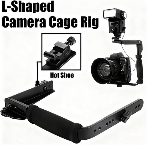 L-Shaped Handheld Camera Flashlight Bracket, Hot Shoe Camera Cage Rig, with 1/4 Tripod Screw Handheld Stabilizer, Adjustable Arm & Roll Bar for Sony for Nikon for Canon for Fujifilm DSLR Cameras in Saudi Arabia