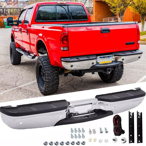 Rear Steel Step Bumper Assembly for 2017-2022 Ford F250 F350 F450 Super Duty without Park Sensor Holes Chrome Back Bumper Replacement for FO1103197,with Pads Brackets and License Plate Lights in Saudi Arabia