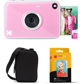 حزمة Kodak Printomatic+ للكاميرا الرقمية للطباعة الفورية + حقيبة حمل + ورق صور Zink 20pk لاصق من الخلف - 10 ميجابكسل، صور كاملة الألوان، مؤشر حالة LED GB - وردي in Kuwait