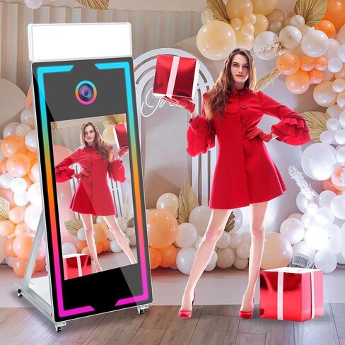 Magic Mirror Photo Booth, Mirror Photo Booth Machine with Interactive Touch Screen for Christmas Wedding Event Party (White Mirror Photo Booth, 65-43'') in Saudi Arabia