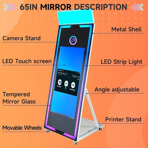 Magic Mirror Photo Booth, Mirror Photo Booth Machine with Interactive Touch Screen for Christmas Wedding Event Party (White Mirror Photo Booth, 65-43'') in Saudi Arabia