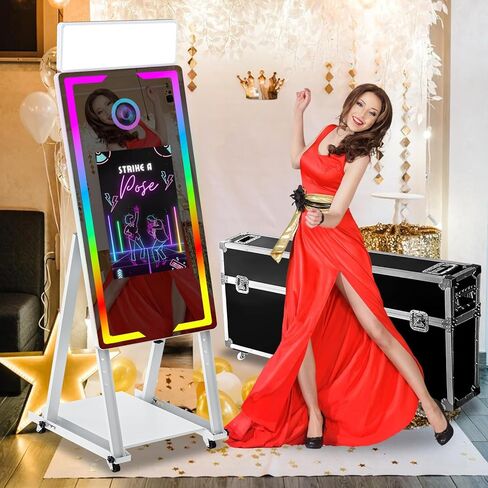 Magic Mirror Photo Booth, Mirror Photo Booth Machine with Interactive Touch Screen for Christmas Wedding Event Party (White Mirror Photo Booth, 65-43'') in Saudi Arabia