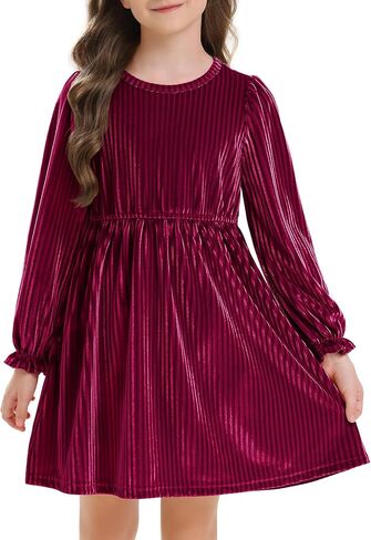 Stelle Girls Long Sleeve Velvet Dress Ruffled Crew Neck Midi A-Line Dresses Vintage Formal Party Winter Outfits in Saudi Arabia