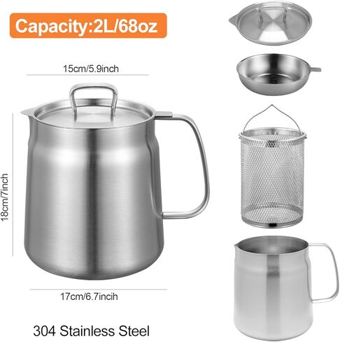 PUCOHOUSE 304 Stainless Steel Deep Fryer Pot with Oil Filter Basket and Lid, 2.0L Tempura Frying Pan for French Fries, Chicken, Home Kitchen Use, Induction & Gas Stove Compatible in Saudi Arabia