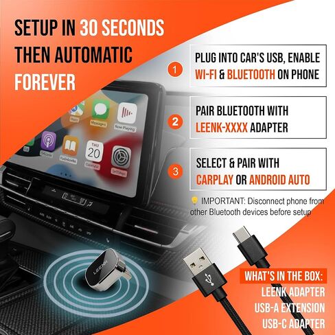 Leenk Wireless Carplay & Android Auto Adapter [2025 Upgrade] ، Aero-Aluminum Body & 2.5d Glass | قابس أنيق وألعب | مزدوج النطاق 5 جيجا هرتز | توافق 98 ٪ مع أنظمة Carplay و Android Auto Systems السلكية in Saudi Arabia