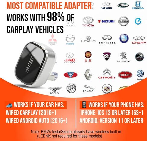 Leenk Wireless Carplay & Android Auto Adapter [2025 Upgrade] ، Aero-Aluminum Body & 2.5d Glass | قابس أنيق وألعب | مزدوج النطاق 5 جيجا هرتز | توافق 98 ٪ مع أنظمة Carplay و Android Auto Systems السلكية in Saudi Arabia
