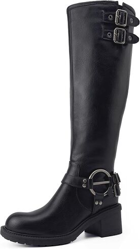 Women’s Knee High Boots Women Wide Calf Round Toe Riding Boots Low Heel Faux Leather Tall Boots Side Zipper Comfy Casual Rivet Buckle in Saudi Arabia