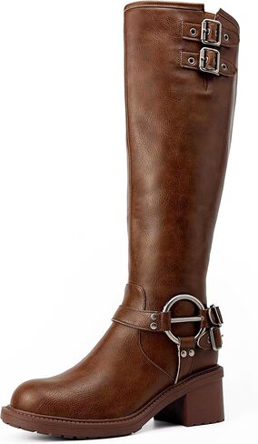 Women’s Knee High Boots Women Wide Calf Round Toe Riding Boots Low Heel Faux Leather Tall Boots Side Zipper Comfy Casual Rivet Buckle in Saudi Arabia