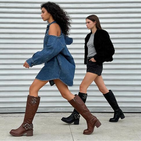 Women’s Knee High Boots Women Wide Calf Round Toe Riding Boots Low Heel Faux Leather Tall Boots Side Zipper Comfy Casual Rivet Buckle in Saudi Arabia