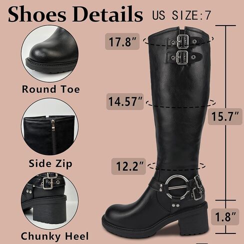 Women’s Knee High Boots Women Wide Calf Round Toe Riding Boots Low Heel Faux Leather Tall Boots Side Zipper Comfy Casual Rivet Buckle in Saudi Arabia