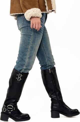 Women’s Knee High Boots Women Wide Calf Round Toe Riding Boots Low Heel Faux Leather Tall Boots Side Zipper Comfy Casual Rivet Buckle in Saudi Arabia