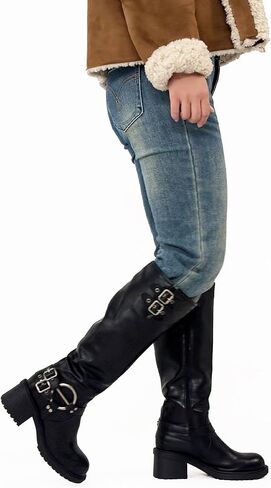 Women’s Knee High Boots Women Wide Calf Round Toe Riding Boots Low Heel Faux Leather Tall Boots Side Zipper Comfy Casual Rivet Buckle in Saudi Arabia