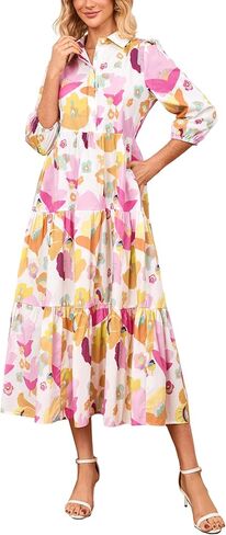 Womens Fall Dresses 2025 3/4 Sleeve Midi Dress Casual V Neck Button Down Tiered Flowy Aline Color Block Long Shirt Dress in Saudi Arabia