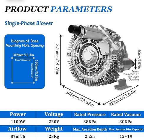 Vortex Ring Blower, Dual-Function for Suction & Exhaust, Pure Copper Motor, Robust Aluminum Construction, for Demanding Industrial and Aquaculture Use (220v/1100w) in Saudi Arabia