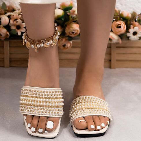 Women's Pearl Embellished Slide Sandals - Square Toe, Multi-Row Beaded Design, Stylish Flat Footwear for Casual, Evening & Party Occasions in Saudi Arabia