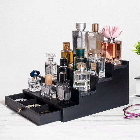 منظم كولونيا خشبي للرجال ، رف عرض كولونيا 4 مستويات مع درج ، حامل العطور للنساء ، منظم موقف العطور الكبير للحمام ، الأسود in Kuwait