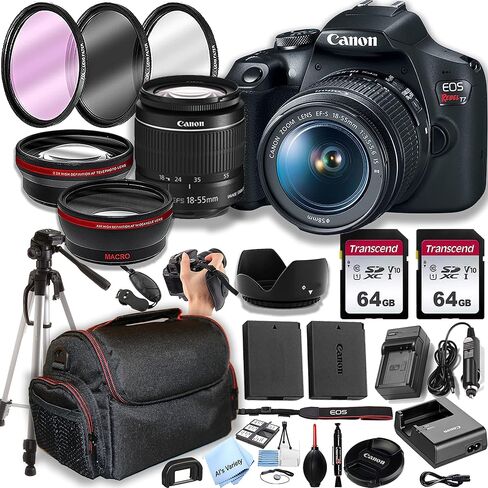 Canon EOS Rebel T7 DSLR Camera with EF-S 18-55mm Lens, 128GB Memory, Case, Tripod, Spare Battery - Black, New in Saudi Arabia