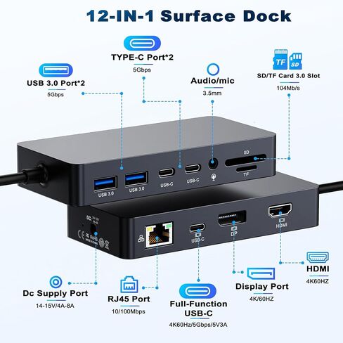 Microsoft Surface Dock Triple Displays 4K@60Hz HDMI+ USB C + DP with 120W Power Adapter,Surface Pro Docking Station for Microsoft Surface Pro 12/11/10/9/8/7,Surface Laptop7/6/5/4/Surface Go in Saudi Arabia