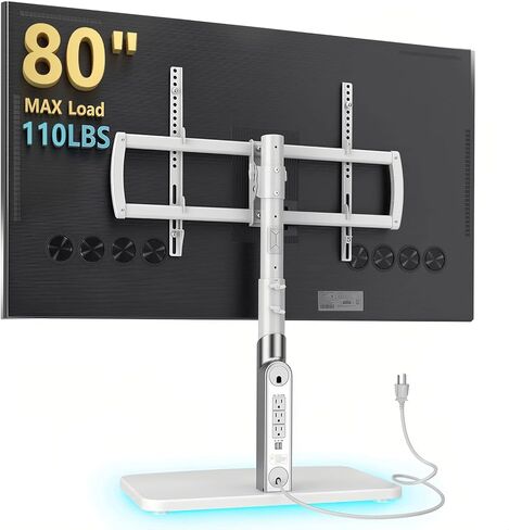 Universal TV Stand Tabletop TV Mount مع منفذ الطاقة لشاشات LED OLED من 50 إلى 90 بوصة ، وضبط ارتفاع المستويات ، والإضاءة المحيطة في القاع ، على ما يصل إلى 150 رطلاً ، وبيضاء فيزا 600 × 400 ملم in Saudi Arabia