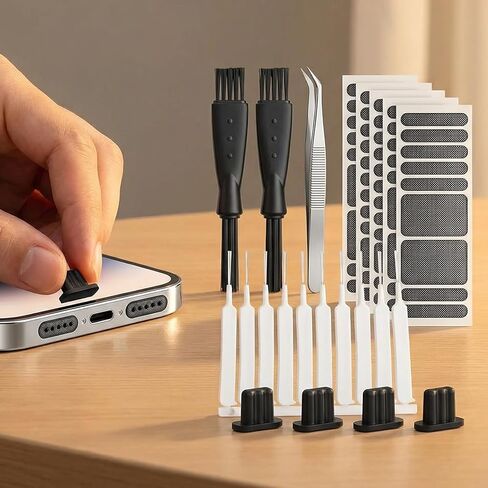 10pcs Phone Cleaning Kit, Universal Anti-Dust Plug & Speaker Mesh Protector Set, Port Cleaning Brush for iPhone 16 15 14 Pro Max, Samsung Galaxy, USB C & Lightning Device Security Gift (Black) in Saudi Arabia