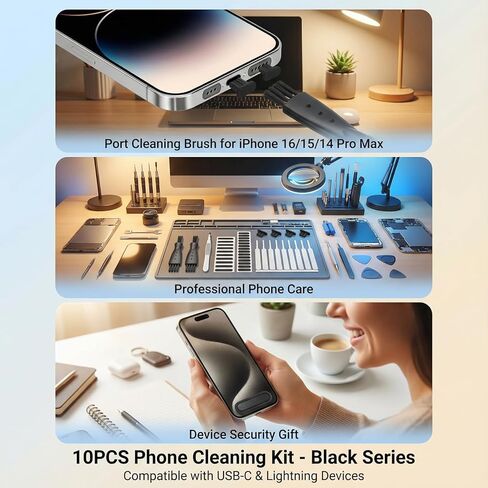 10pcs Phone Cleaning Kit, Universal Anti-Dust Plug & Speaker Mesh Protector Set, Port Cleaning Brush for iPhone 16 15 14 Pro Max, Samsung Galaxy, USB C & Lightning Device Security Gift (Black) in Saudi Arabia