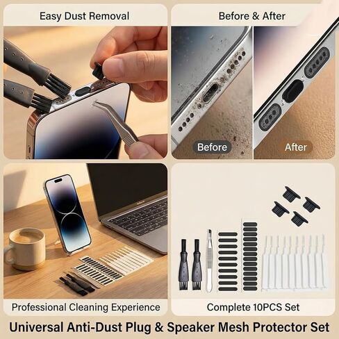 10pcs Phone Cleaning Kit, Universal Anti-Dust Plug & Speaker Mesh Protector Set, Port Cleaning Brush for iPhone 16 15 14 Pro Max, Samsung Galaxy, USB C & Lightning Device Security Gift (Black) in Saudi Arabia