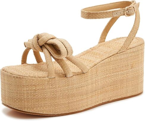 Women’s Platform Raffia Sandals with Bow - Ankle Tie Wedge Shoes, Comfortable Espadrille Summer Beach Casual Footwear for Vacation & Outdoor, Adjustable Strap, Non-Slip Rubber Sole in Saudi Arabia