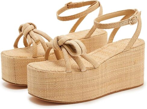 Women’s Platform Raffia Sandals with Bow - Ankle Tie Wedge Shoes, Comfortable Espadrille Summer Beach Casual Footwear for Vacation & Outdoor, Adjustable Strap, Non-Slip Rubber Sole in Saudi Arabia