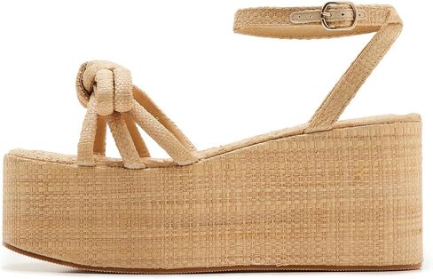 Women’s Platform Raffia Sandals with Bow - Ankle Tie Wedge Shoes, Comfortable Espadrille Summer Beach Casual Footwear for Vacation & Outdoor, Adjustable Strap, Non-Slip Rubber Sole in Saudi Arabia