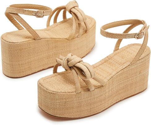 Women’s Platform Raffia Sandals with Bow - Ankle Tie Wedge Shoes, Comfortable Espadrille Summer Beach Casual Footwear for Vacation & Outdoor, Adjustable Strap, Non-Slip Rubber Sole in Saudi Arabia